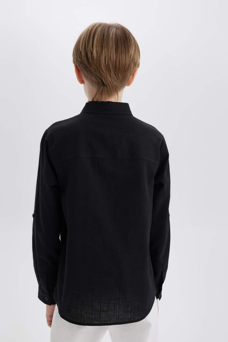 Boy Regular Fit Polo Collar Linen Look Long Sleeve Shirt