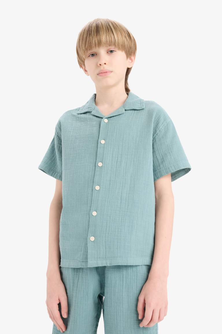 Boy Oversize Fit Polo Neck Muslin Shirt