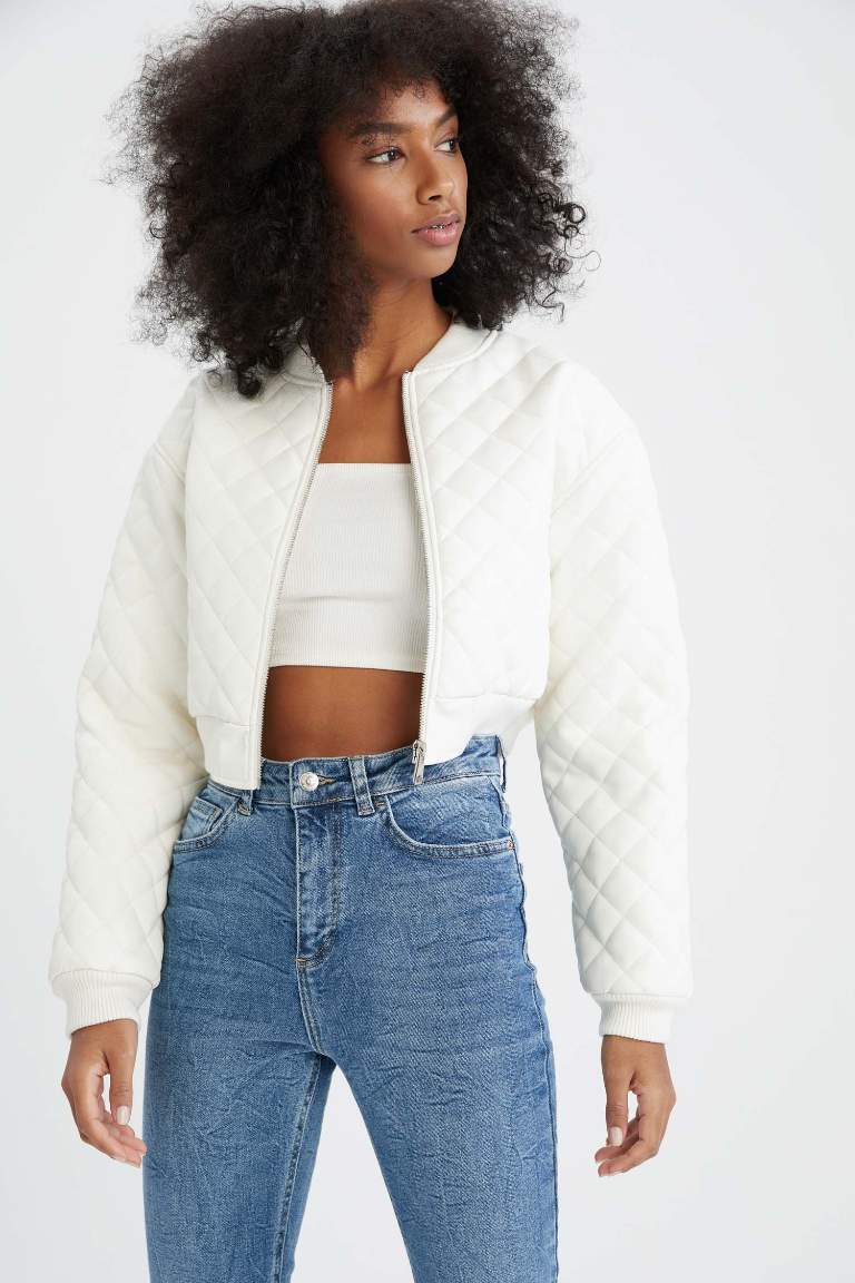 Fermuarlı Su İtici Suni Deri Crop Bomber Ceket