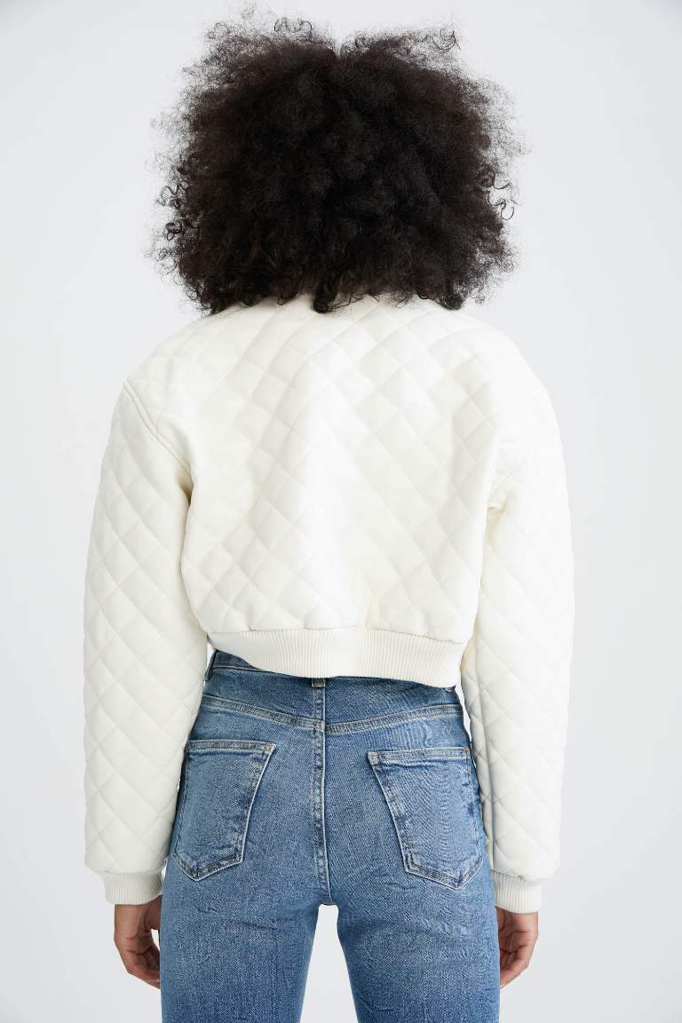 Fermuarlı Su İtici Suni Deri Crop Bomber Ceket