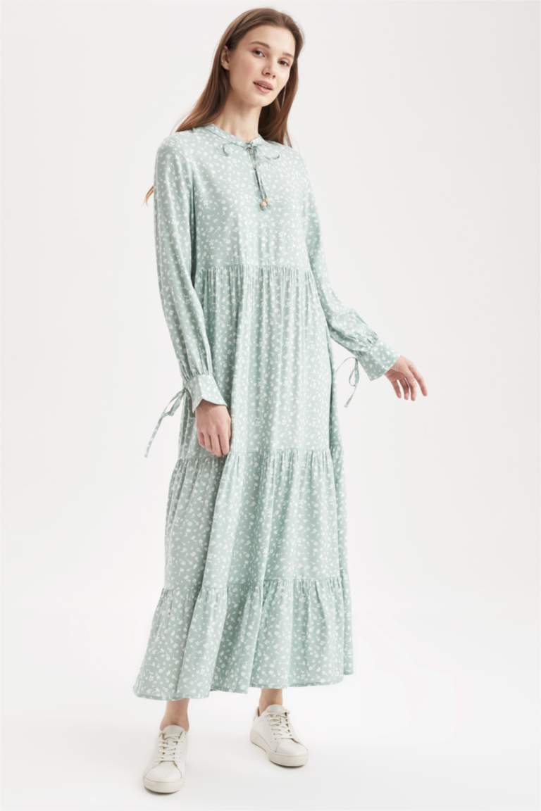 Regular Fit Floral Desenli Viskon Maxi Gömlek Elbise