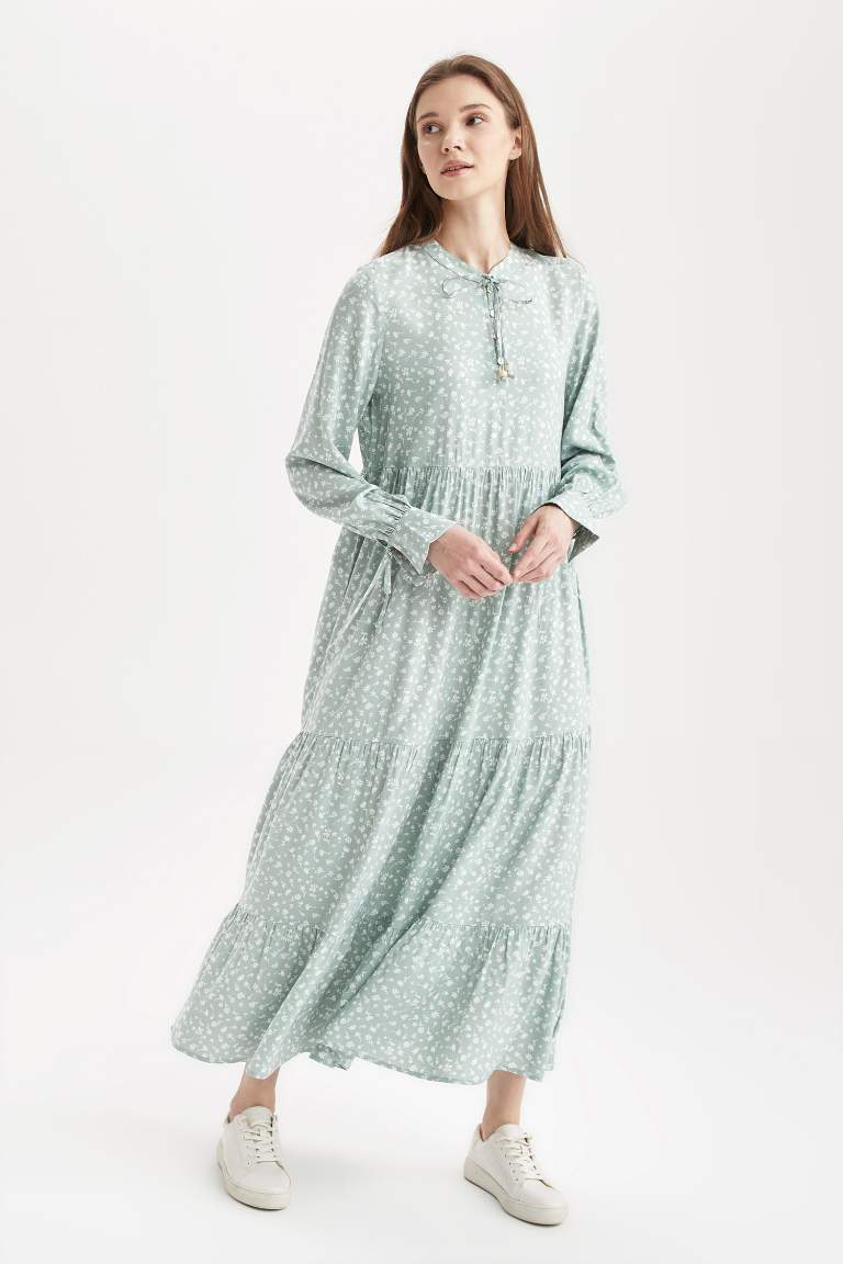 Regular Fit Floral Desenli Viskon Maxi Gömlek Elbise