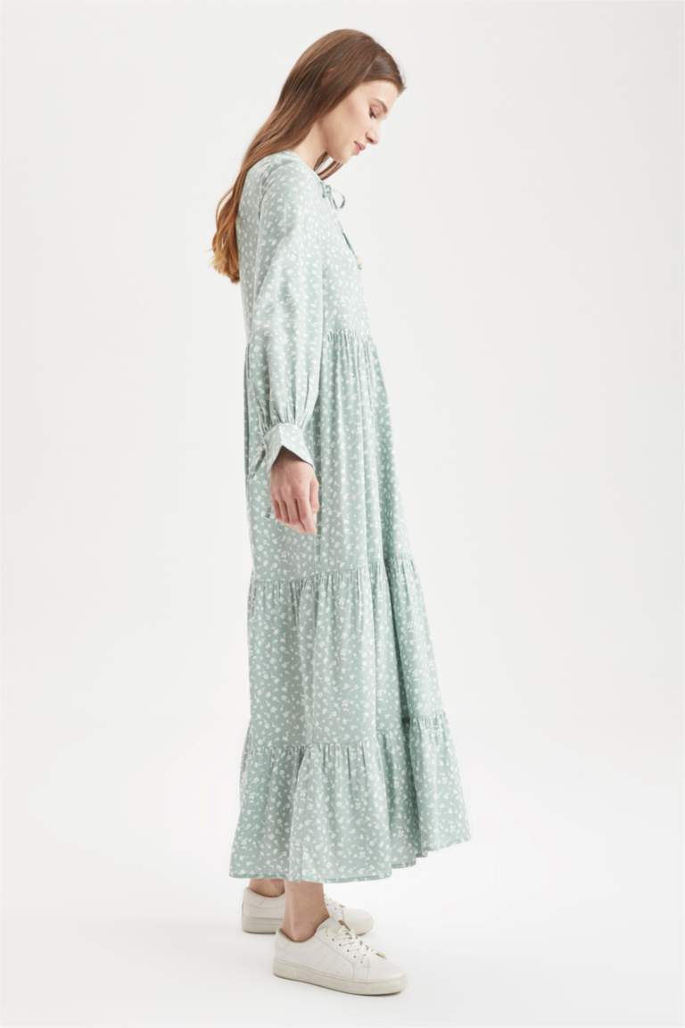 Regular Fit Floral Desenli Viskon Maxi Gömlek Elbise