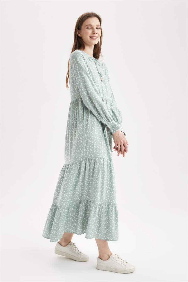 Regular Fit Floral Desenli Viskon Maxi Gömlek Elbise