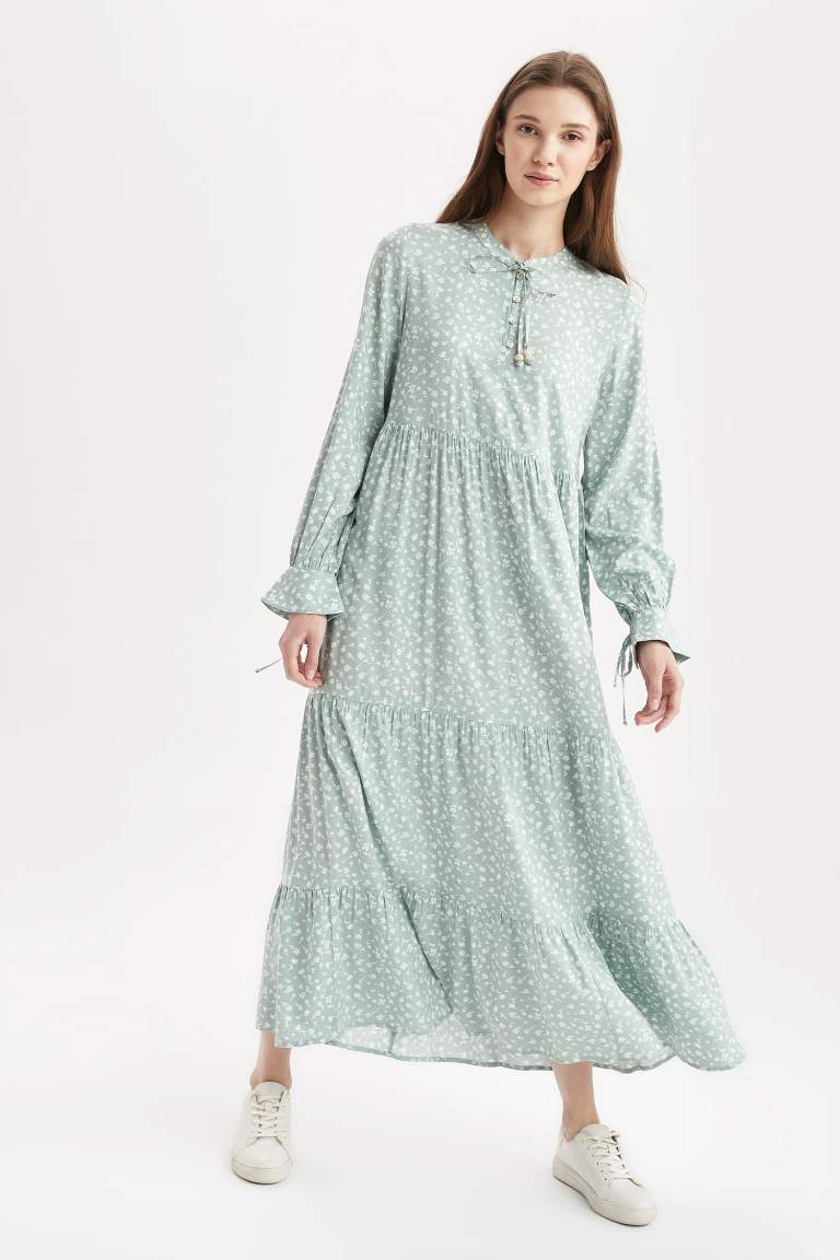 Regular Fit Floral Desenli Viskon Maxi Gömlek Elbise