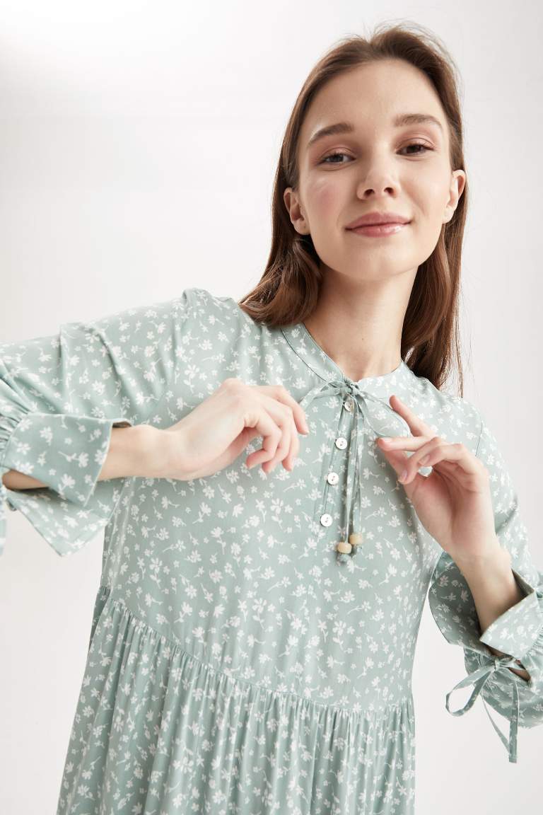 Regular Fit Floral Desenli Viskon Maxi Gömlek Elbise