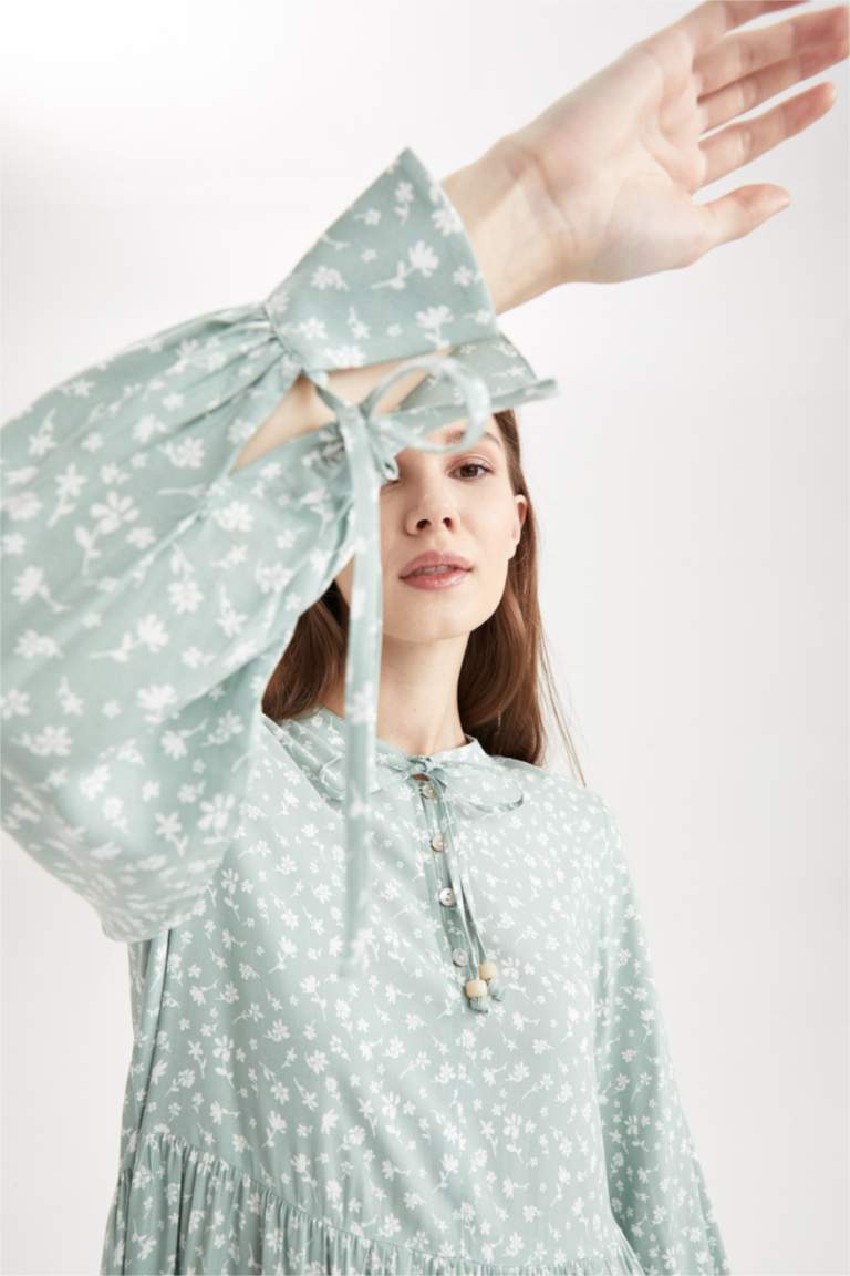 Regular Fit Floral Desenli Viskon Maxi Gömlek Elbise