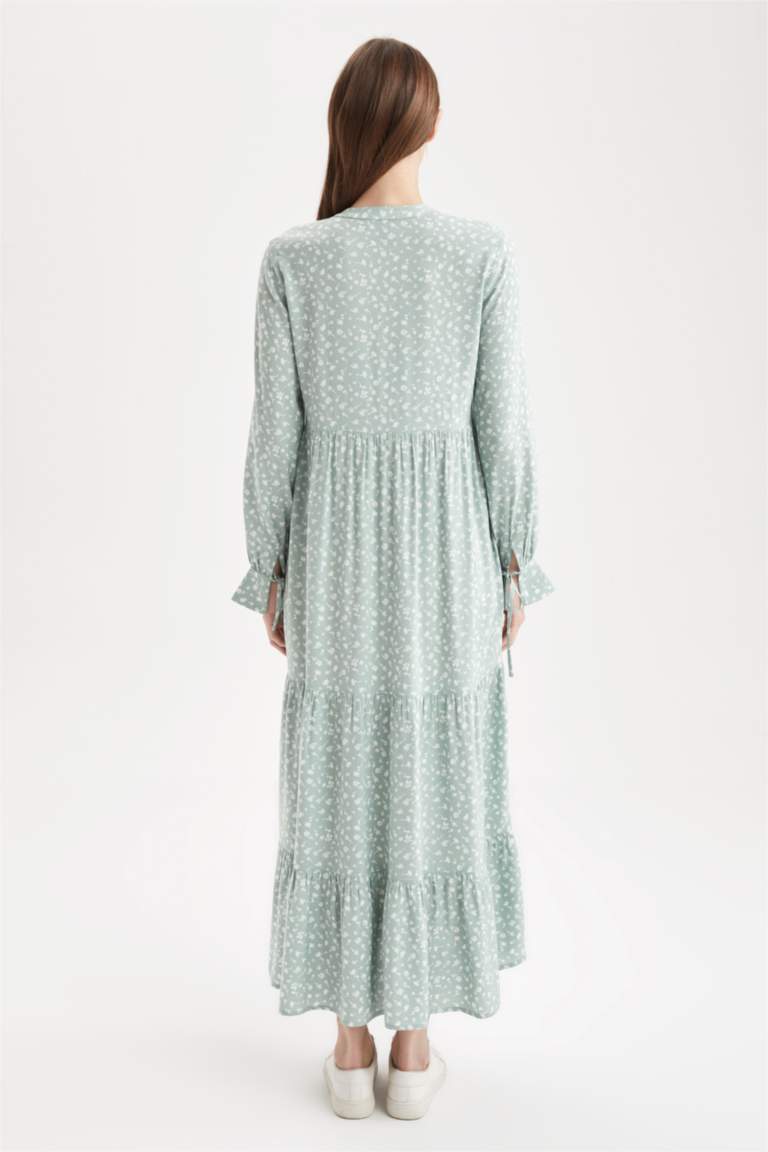 Regular Fit Floral Desenli Viskon Maxi Gömlek Elbise