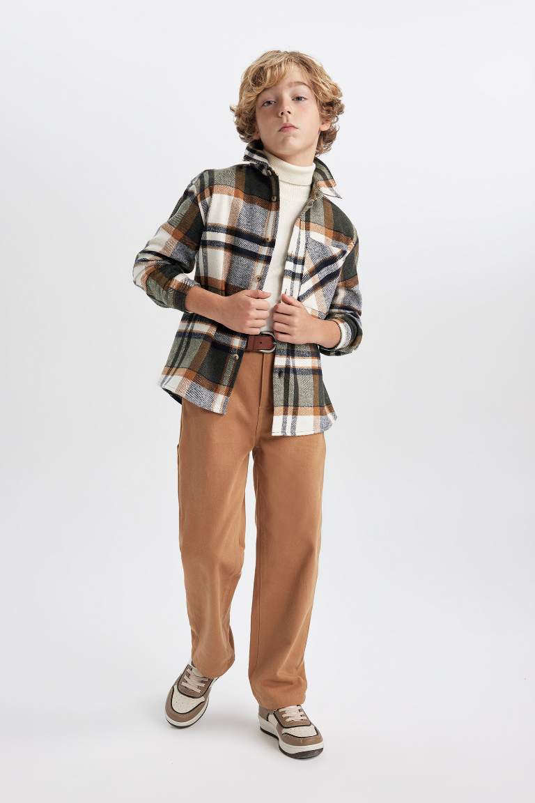 Boy Oversize Fit Plaid Flannel Long Sleeve Shirt