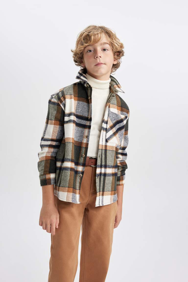 Boy Oversize Fit Plaid Flannel Long Sleeve Shirt