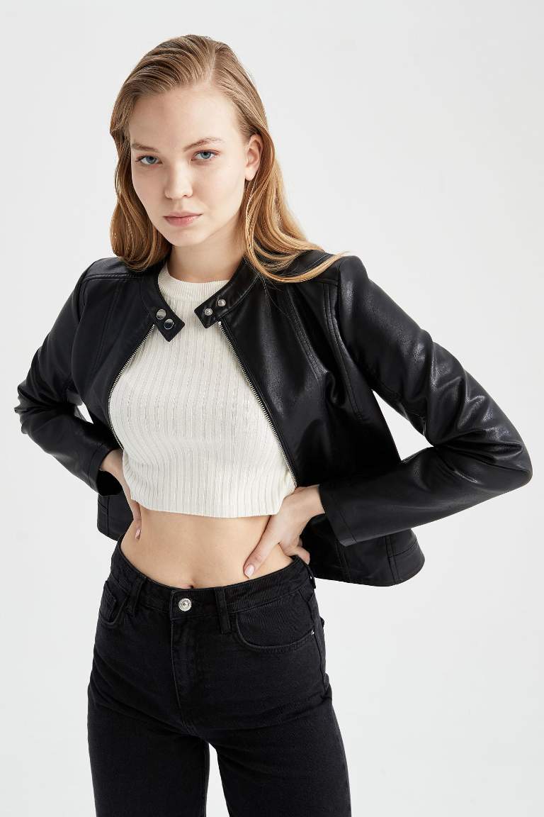 Regular Fit Suni Deri Su İtici Mont