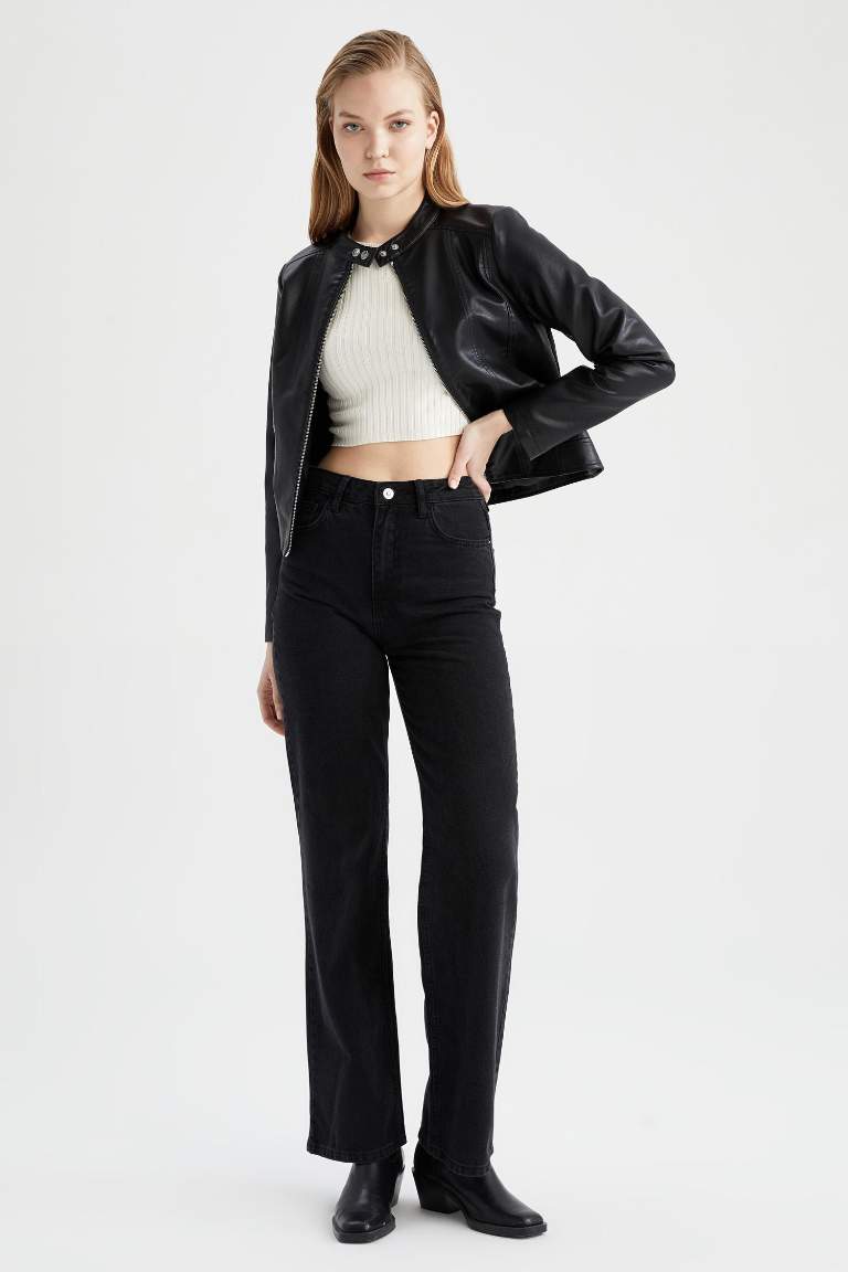 Regular Fit Suni Deri Su İtici Mont