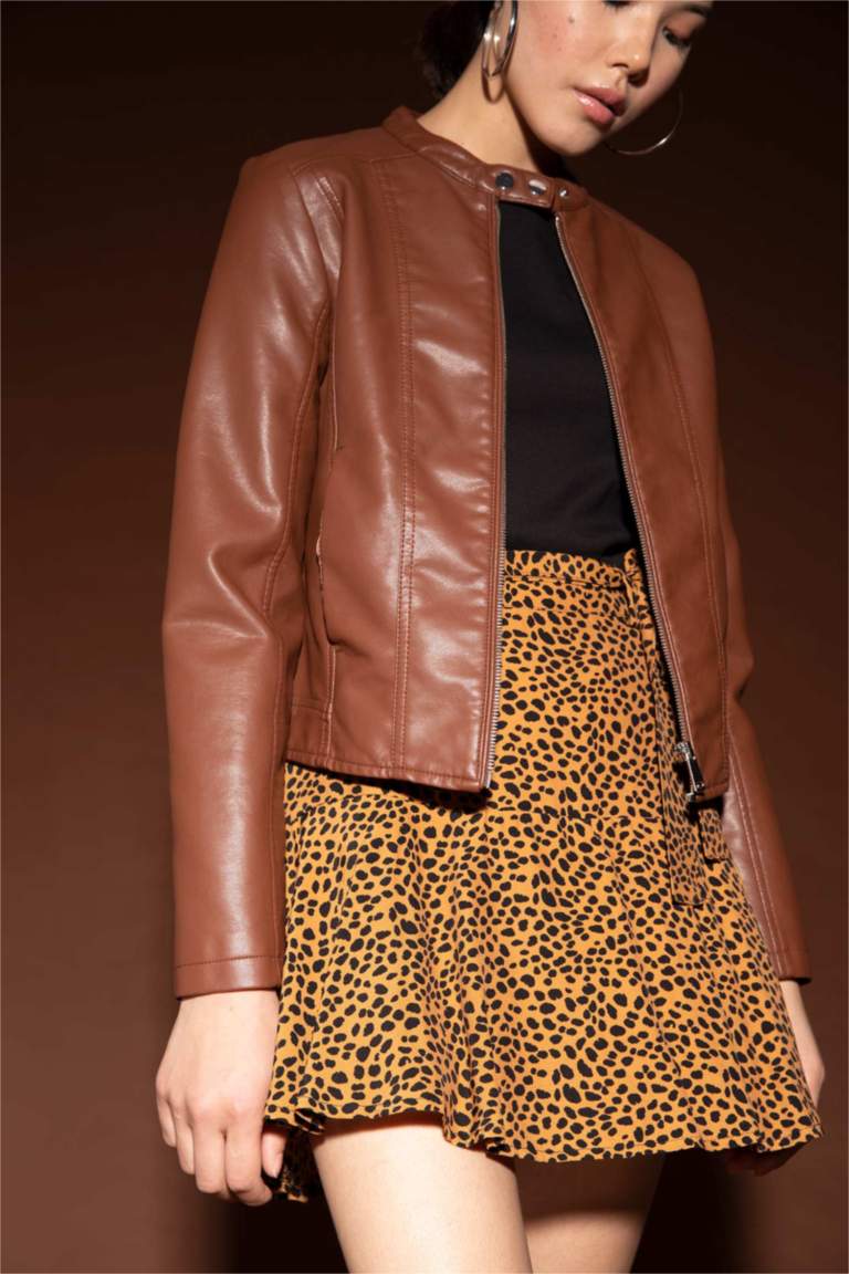 Regular Fit Suni Deri Su İtici Mont