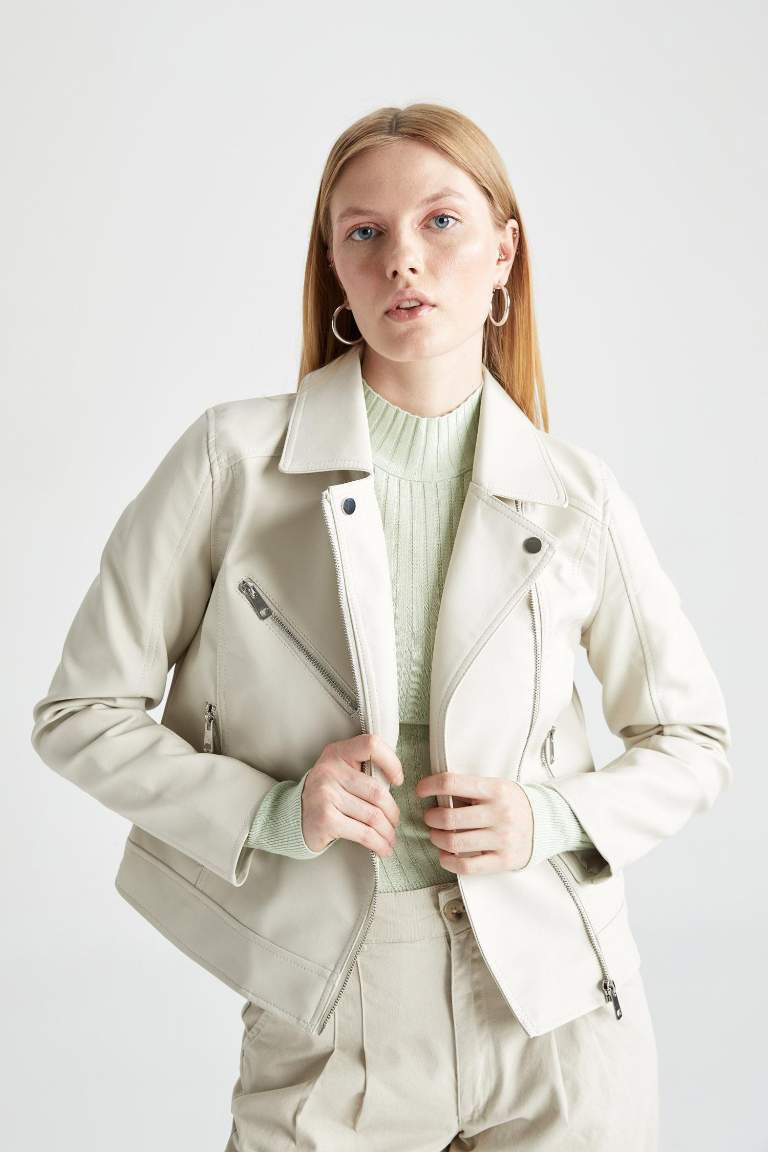 Regular Fit Faux Leather Faux Leather Jacket