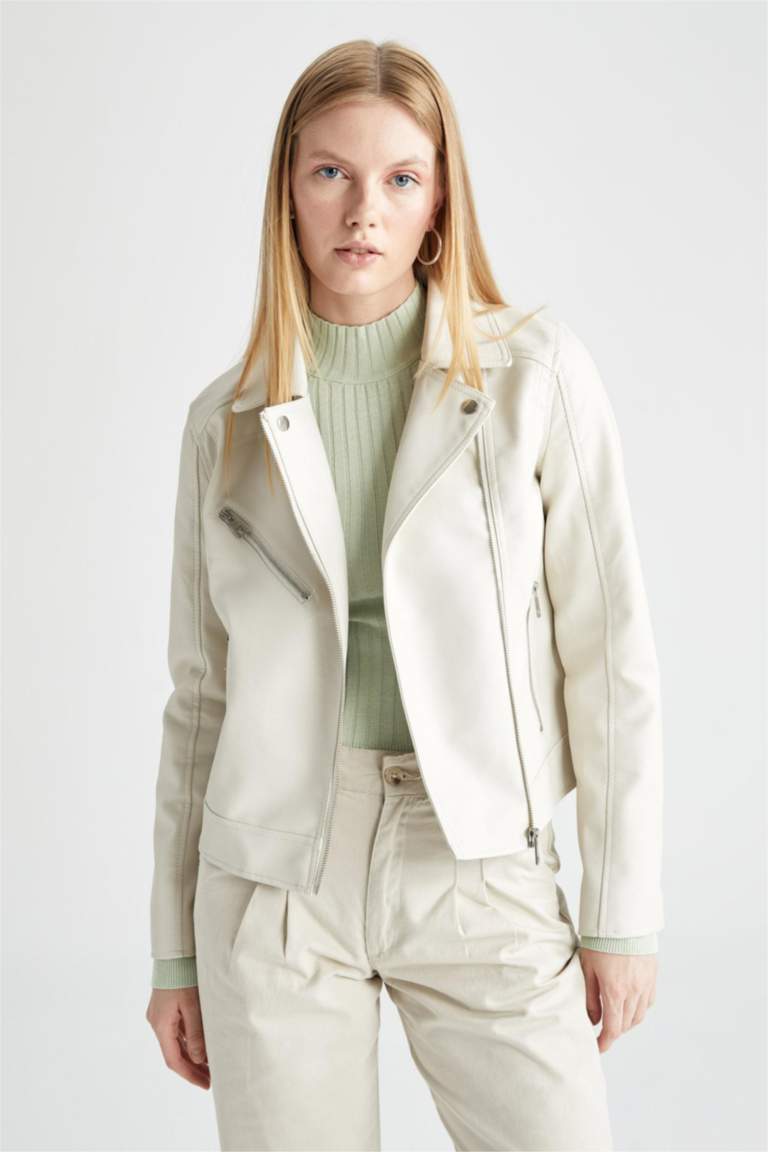 Regular Fit Faux Leather Faux Leather Jacket