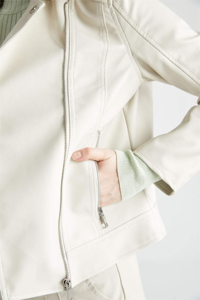 Regular Fit Faux Leather Faux Leather Jacket