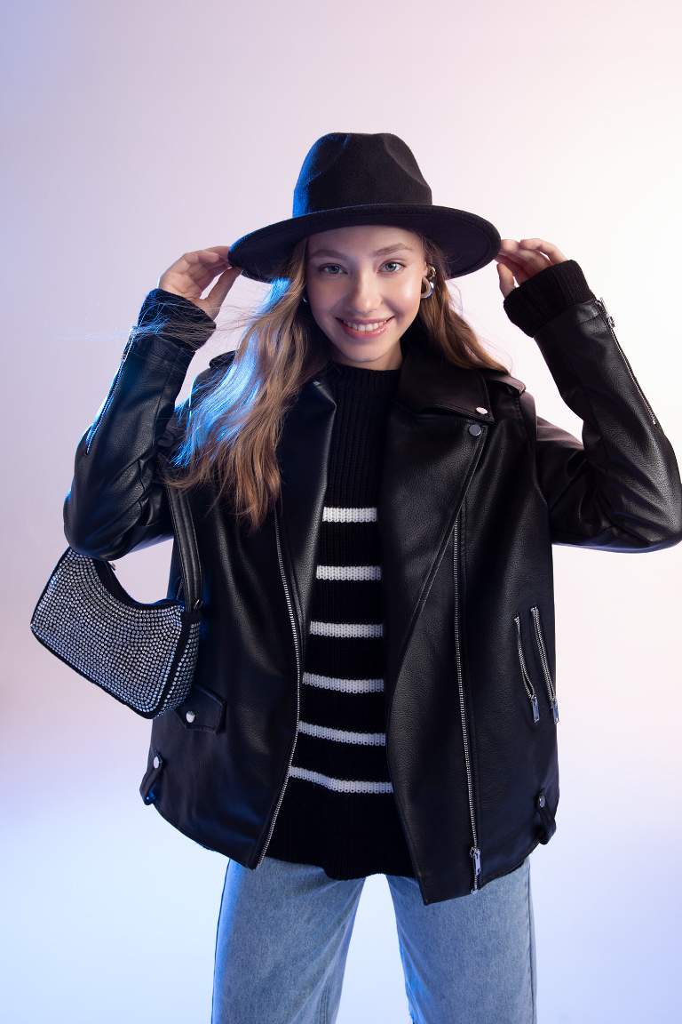Oversize Fit Suni Deri Fermuarlı Biker Ceket