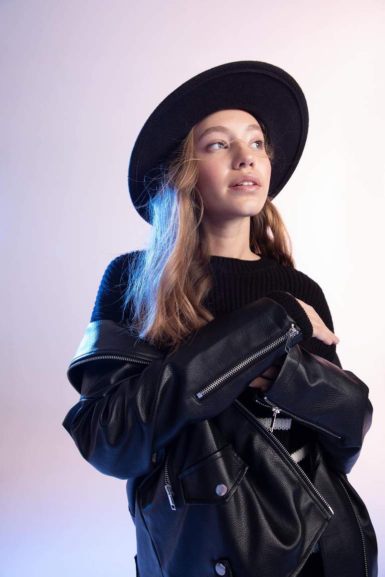 Oversize Fit Suni Deri Fermuarlı Biker Ceket