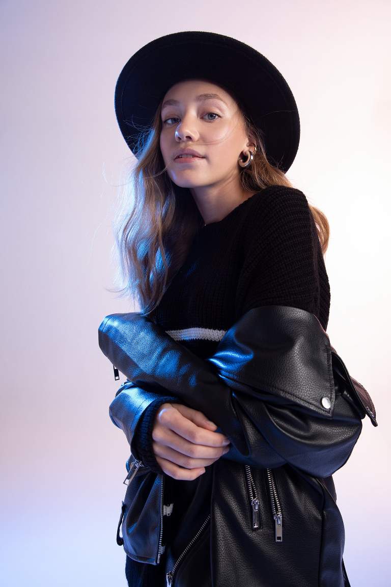 Oversize Fit Suni Deri Fermuarlı Biker Ceket