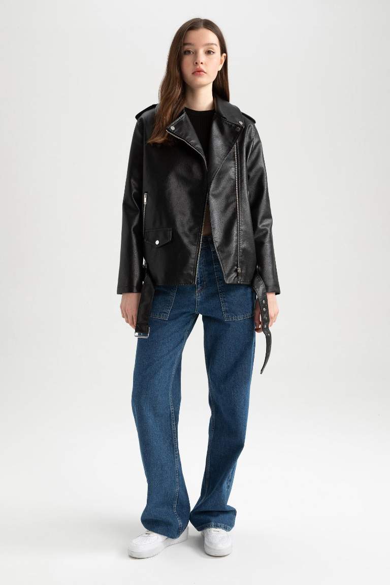 Oversize Fit Suni Deri Fermuarlı Biker Ceket