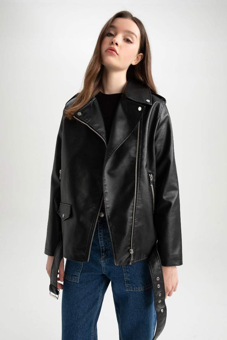 Oversize Fit Suni Deri Fermuarlı Biker Ceket