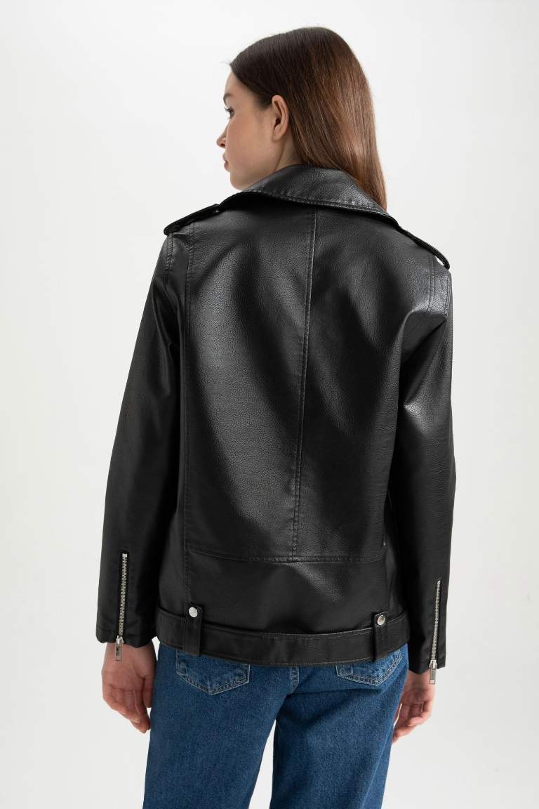 Oversize Fit Suni Deri Fermuarlı Biker Ceket