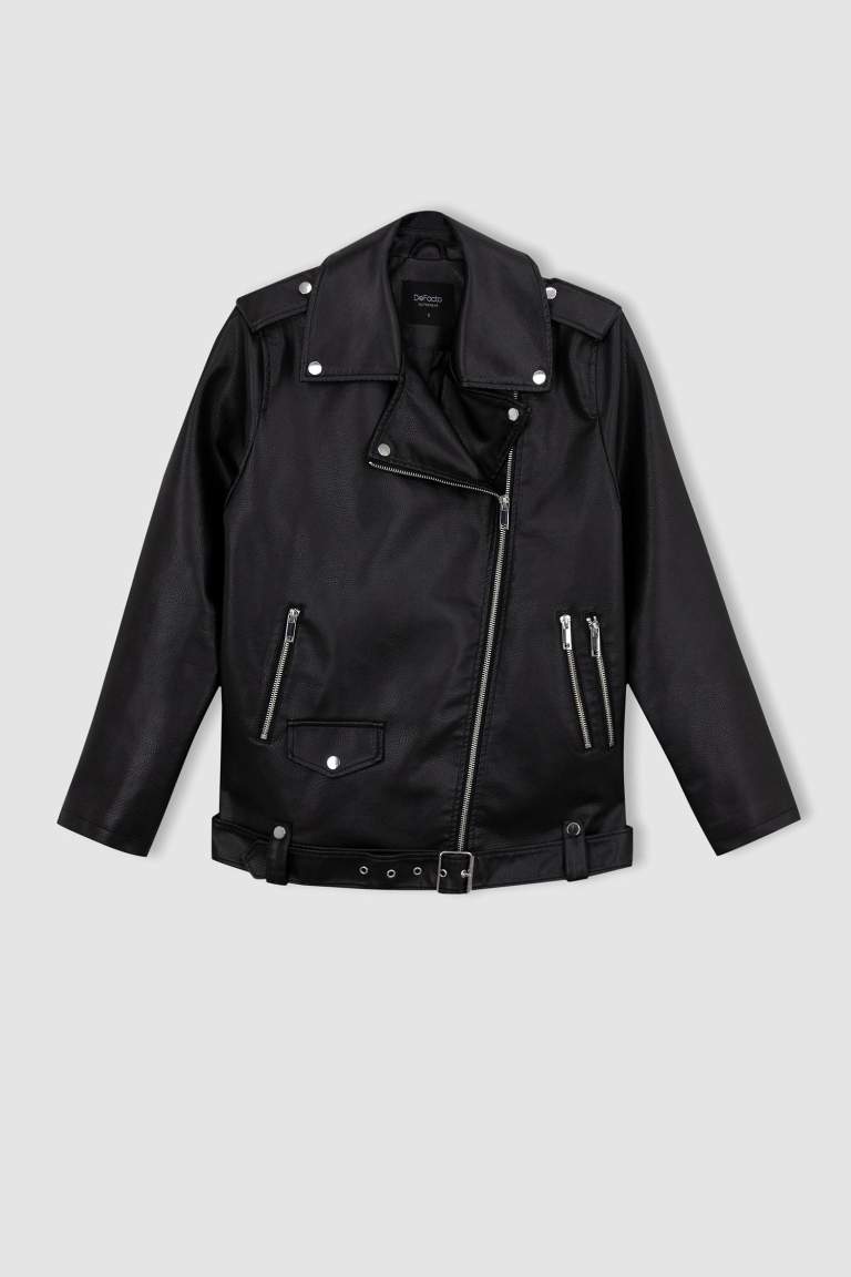 Oversize Fit Suni Deri Fermuarlı Biker Ceket
