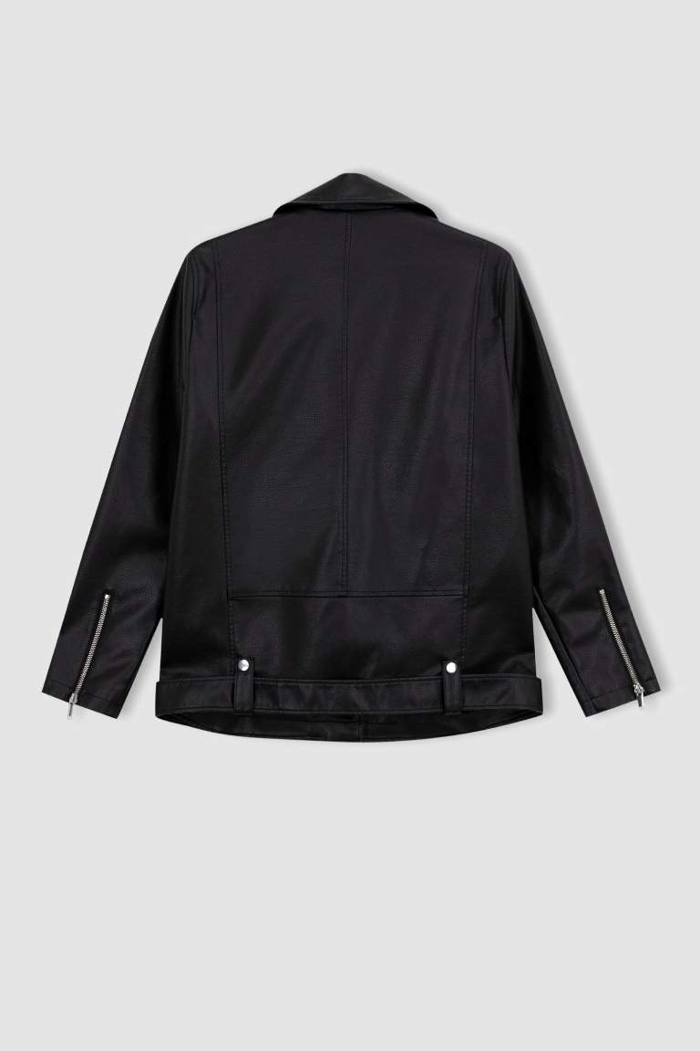 Oversize Fit Suni Deri Fermuarlı Biker Ceket