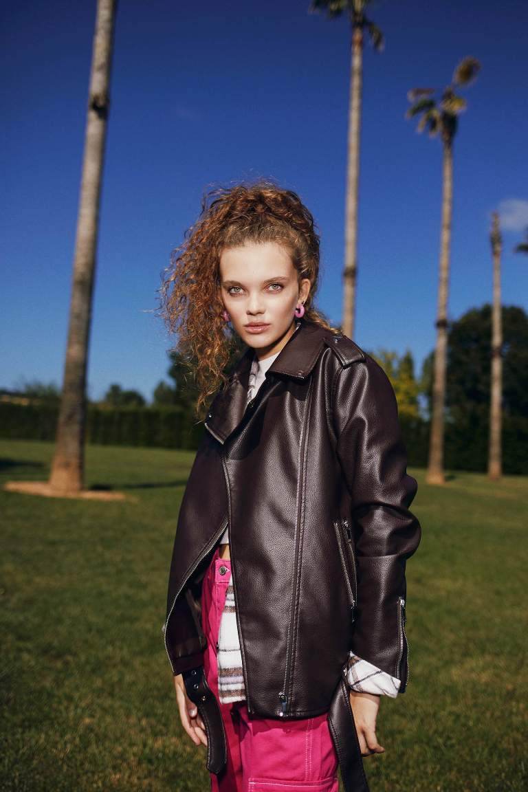 Oversize Fit Suni Deri Fermuarlı Biker Ceket