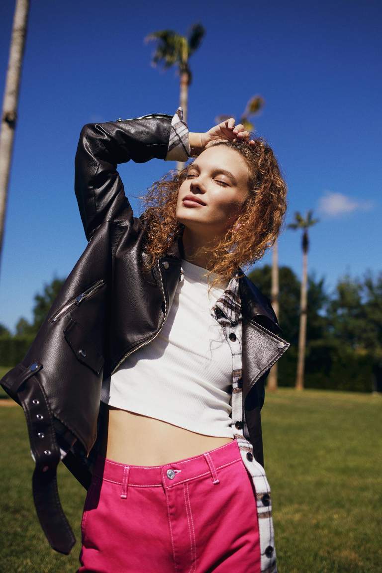 Oversize Fit Suni Deri Fermuarlı Biker Ceket