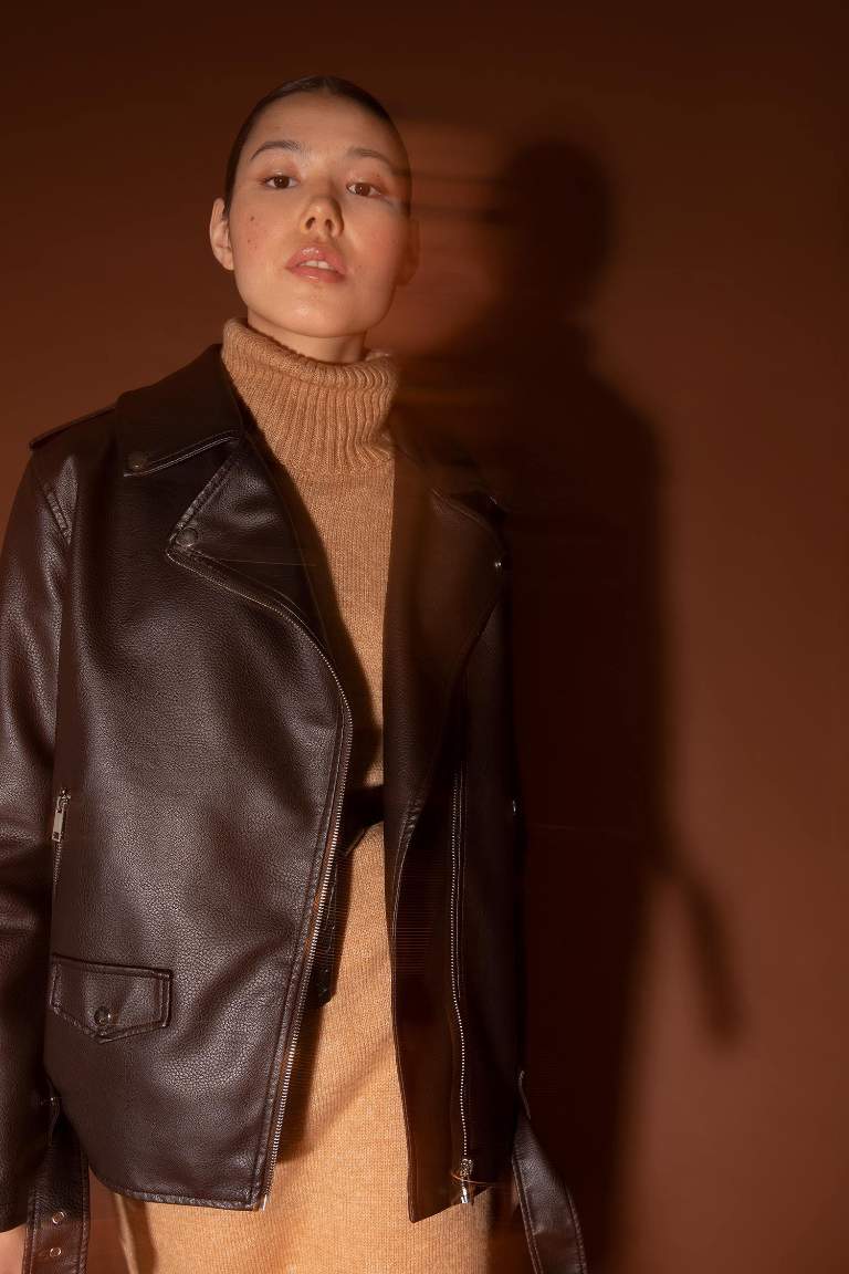 Oversize Fit Suni Deri Fermuarlı Biker Ceket
