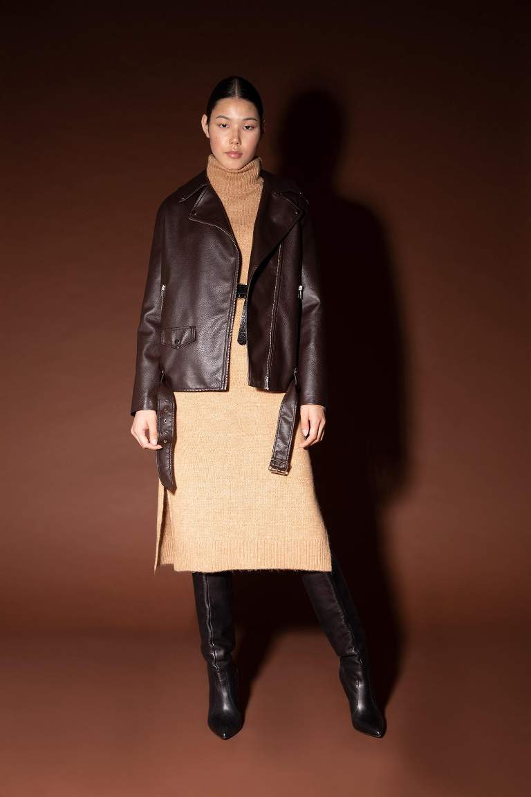 Oversize Fit Suni Deri Fermuarlı Biker Ceket
