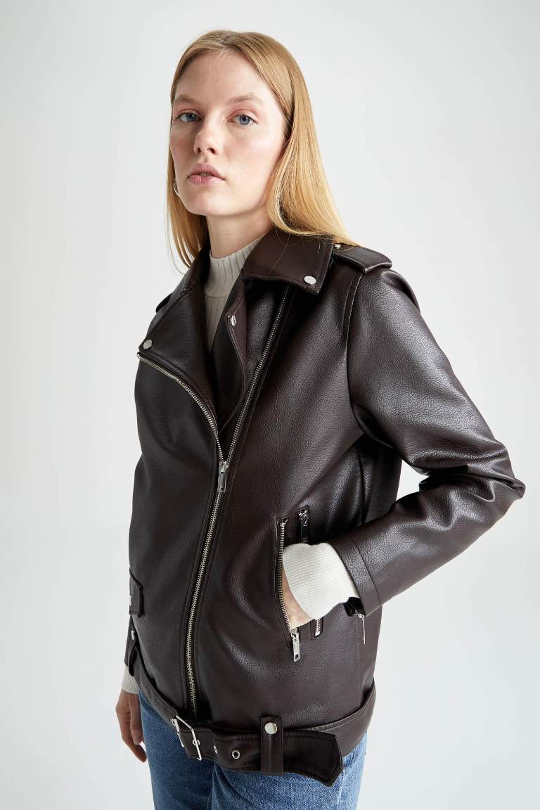 Oversize Fit Suni Deri Fermuarlı Biker Ceket