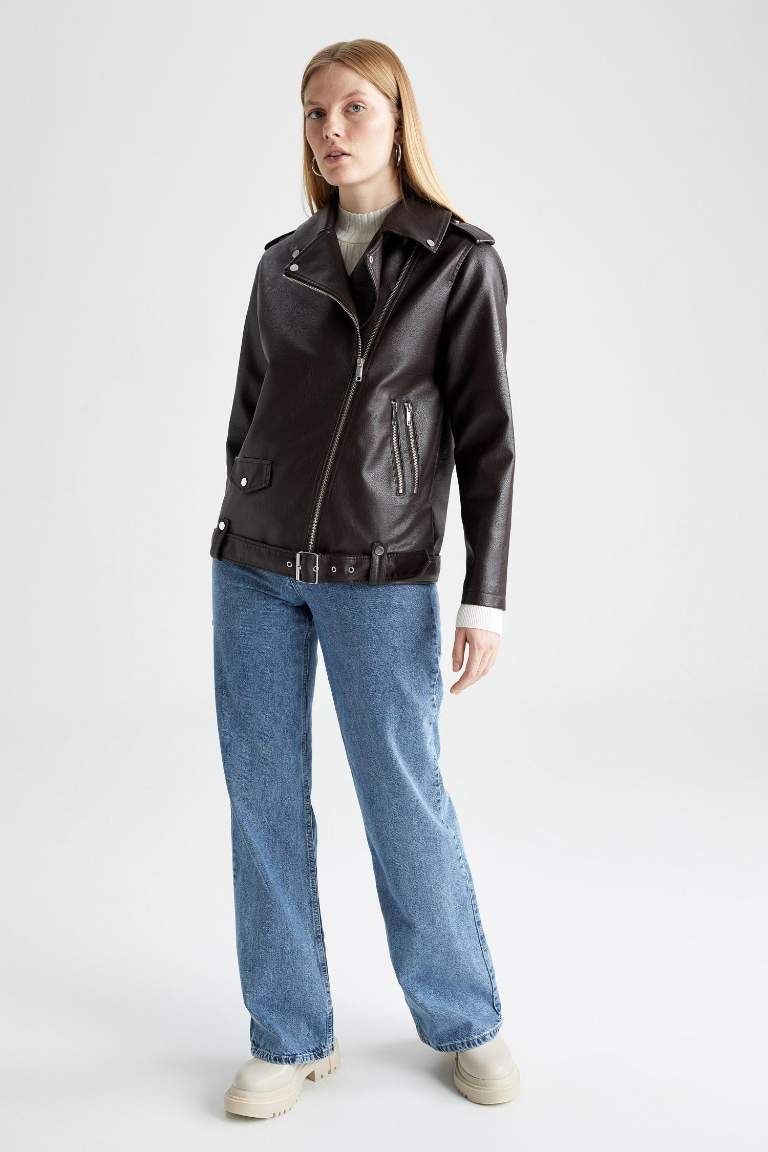 Oversize Fit Suni Deri Fermuarlı Biker Ceket