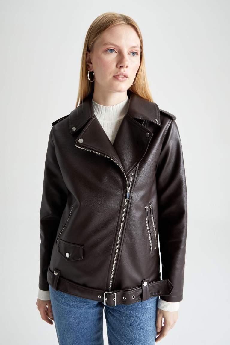 Oversize Fit Suni Deri Fermuarlı Biker Ceket