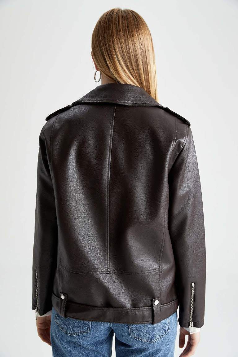 Oversize Fit Suni Deri Fermuarlı Biker Ceket