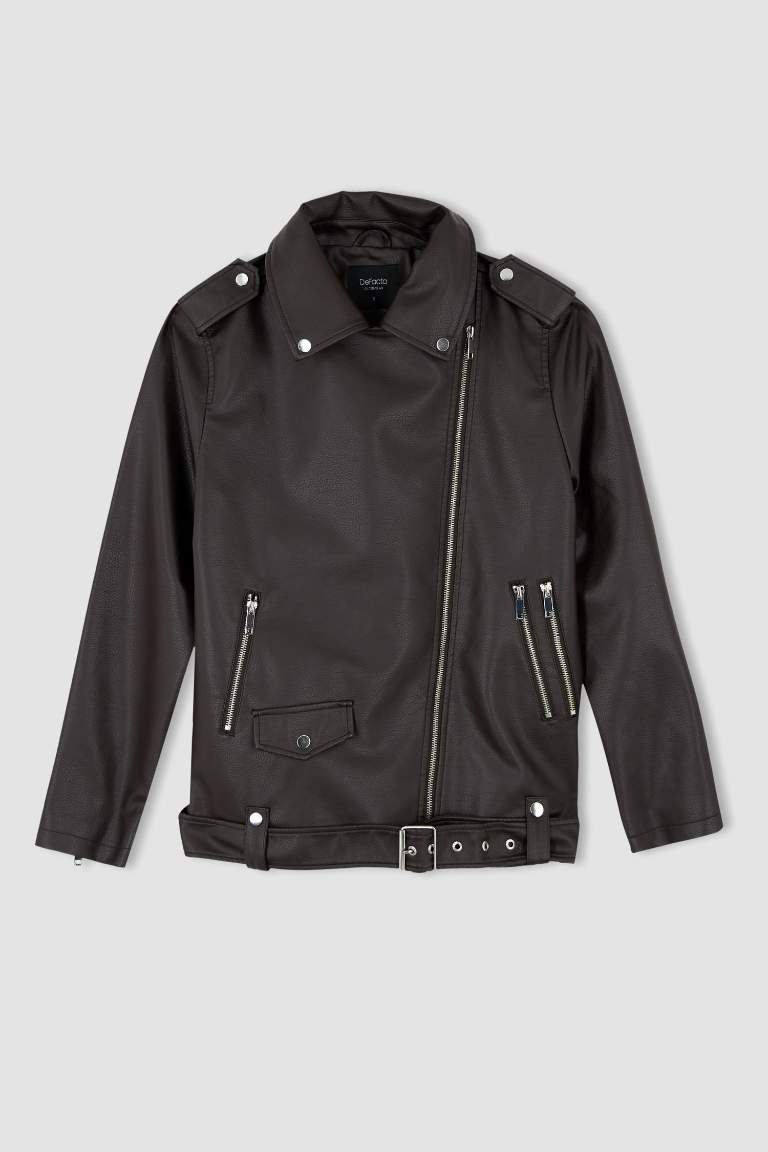 Oversize Fit Suni Deri Fermuarlı Biker Ceket