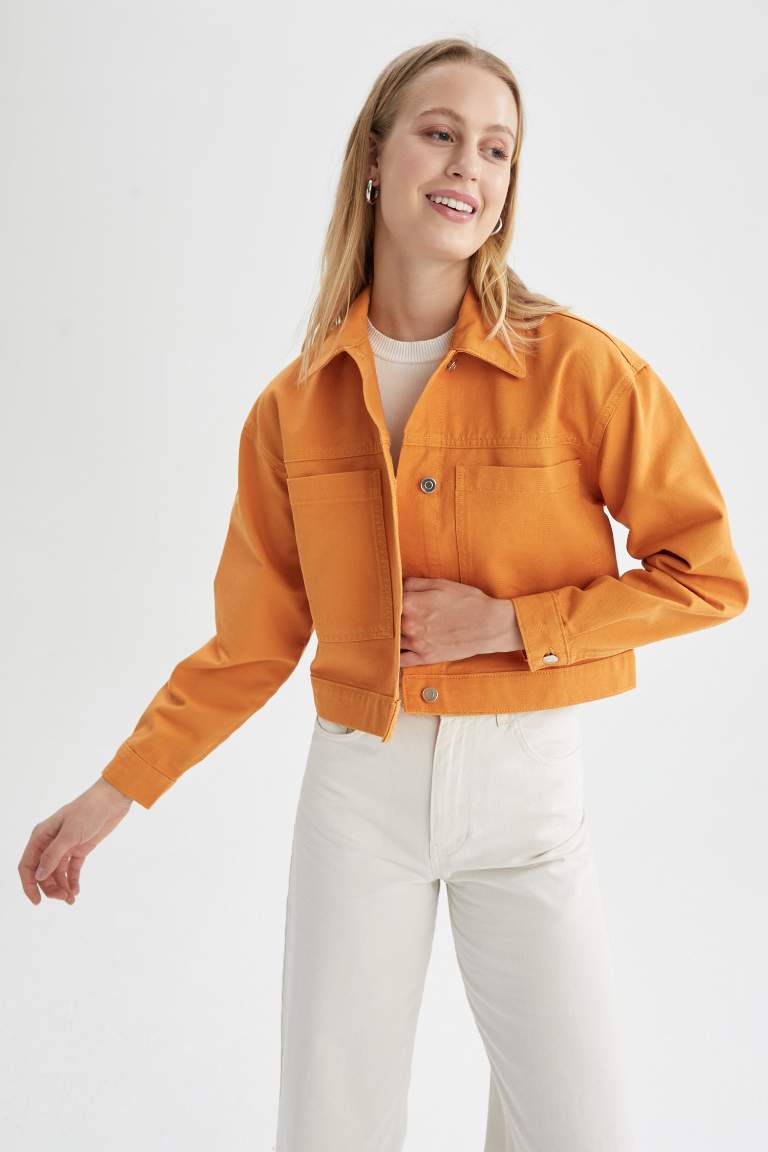 Relax Fit Polo Yaka Cepli Düğme Kapamalı Twill Mevsimlik Ceket %100 Pamuk Mont