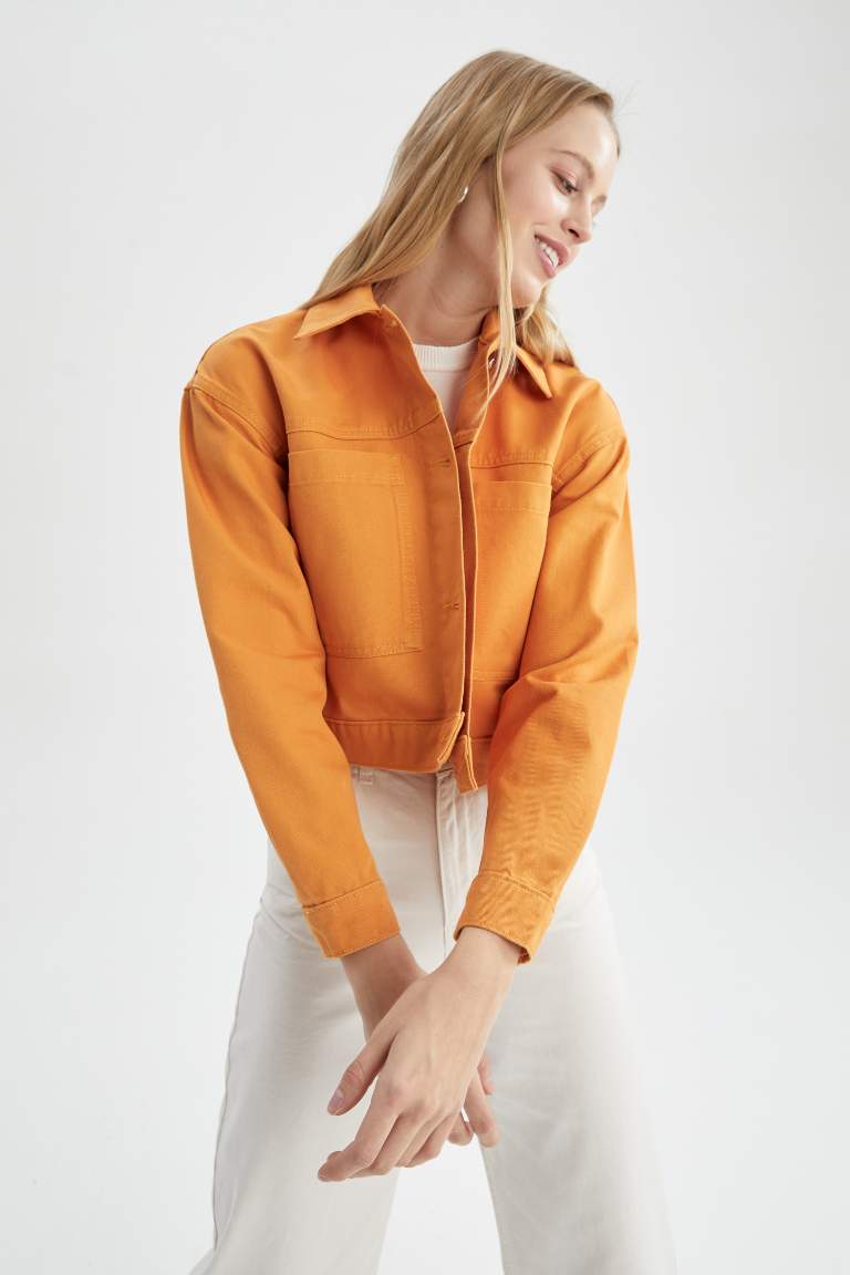 Relax Fit Polo Yaka Cepli Düğme Kapamalı Twill Mevsimlik Ceket %100 Pamuk Mont