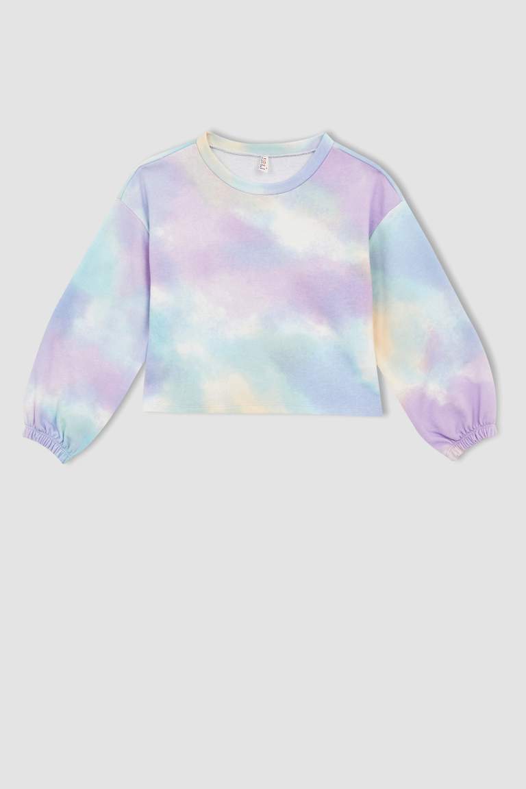 Kız Çocuk Batik Desenli Balon Kollu Crop Sweatshirt