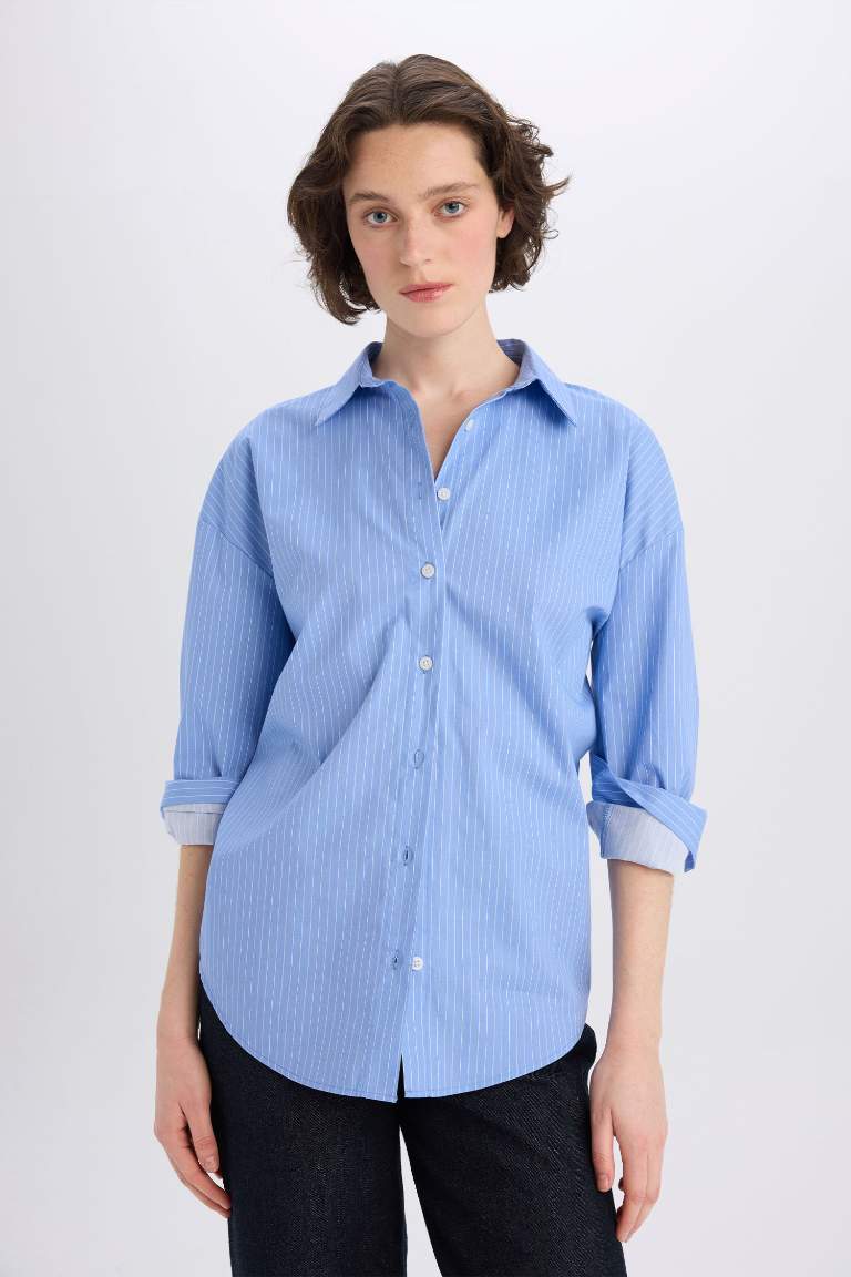 Oversize Fit Shirt Collar Poplin Striped Long Sleeve Shirt