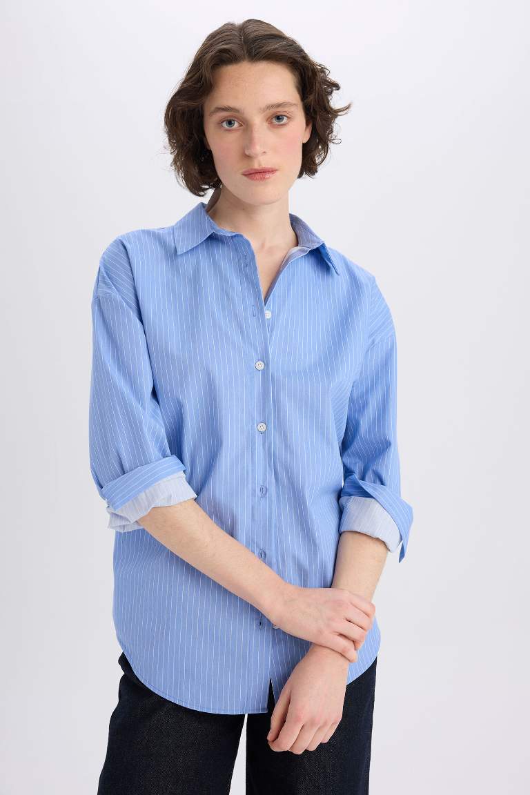 Oversize Fit Shirt Collar Poplin Striped Long Sleeve Shirt