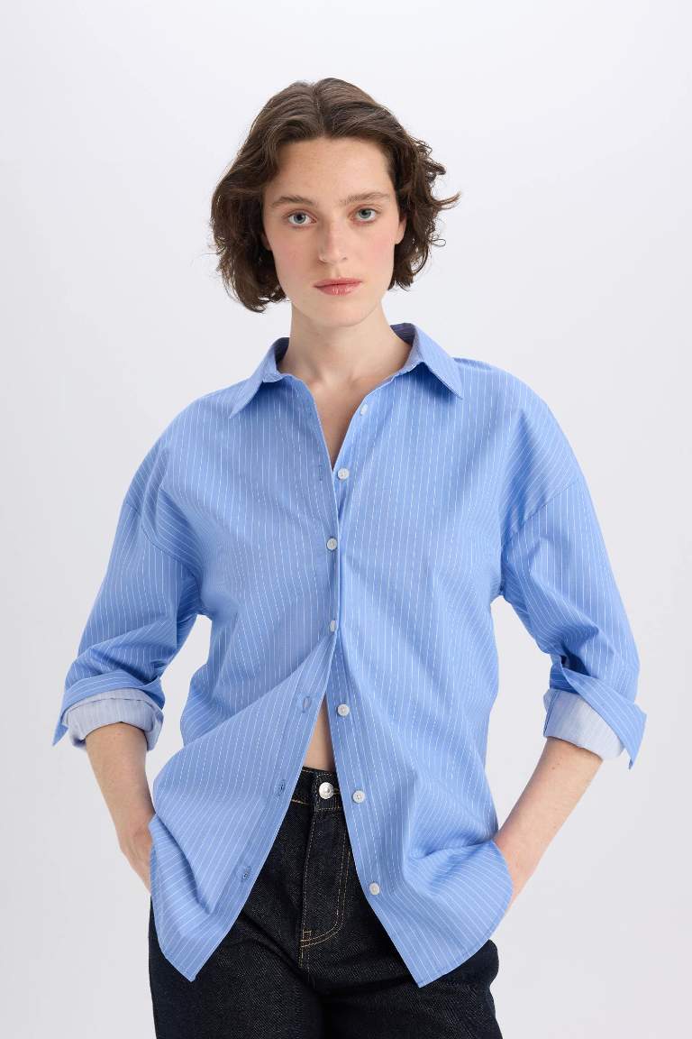 Oversize Fit Shirt Collar Poplin Striped Long Sleeve Shirt