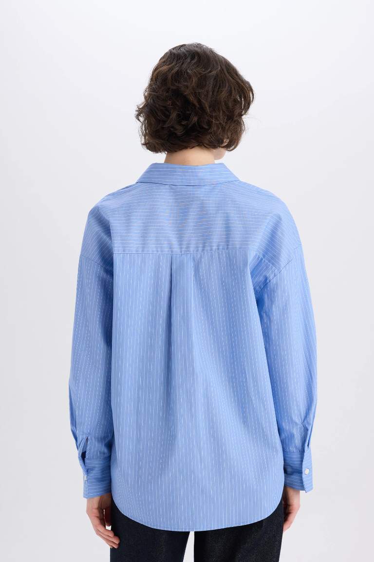 Oversize Fit Shirt Collar Poplin Striped Long Sleeve Shirt