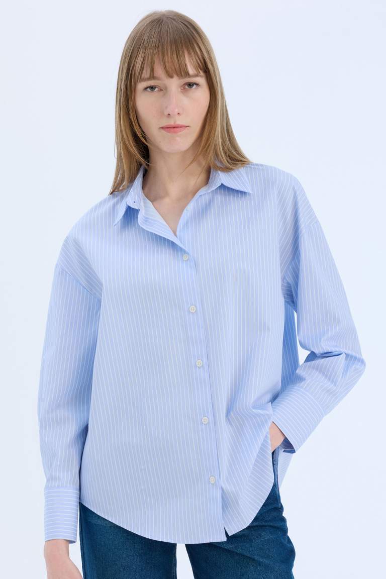 Oversize Fit Shirt Collar Poplin Striped Long Sleeve Shirt