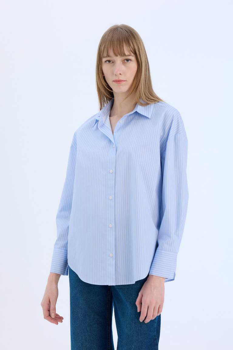 Oversize Fit Shirt Collar Poplin Striped Long Sleeve Shirt