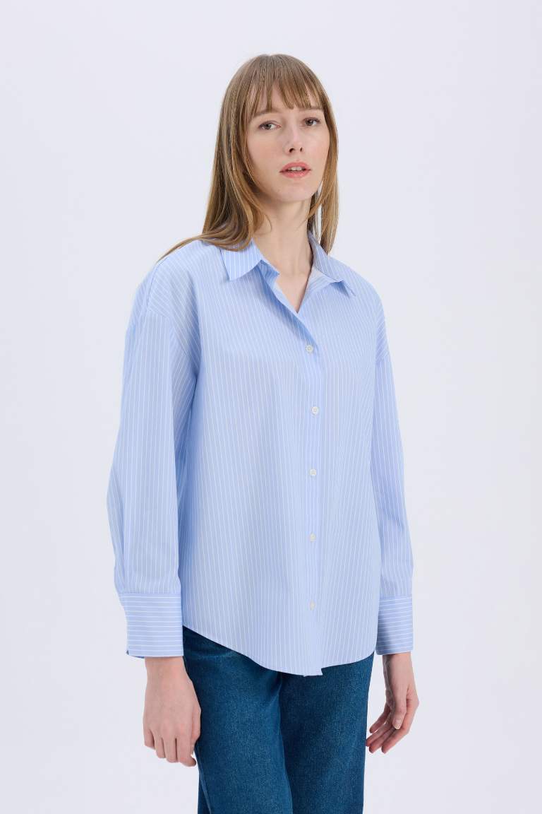 Oversize Fit Shirt Collar Poplin Striped Long Sleeve Shirt