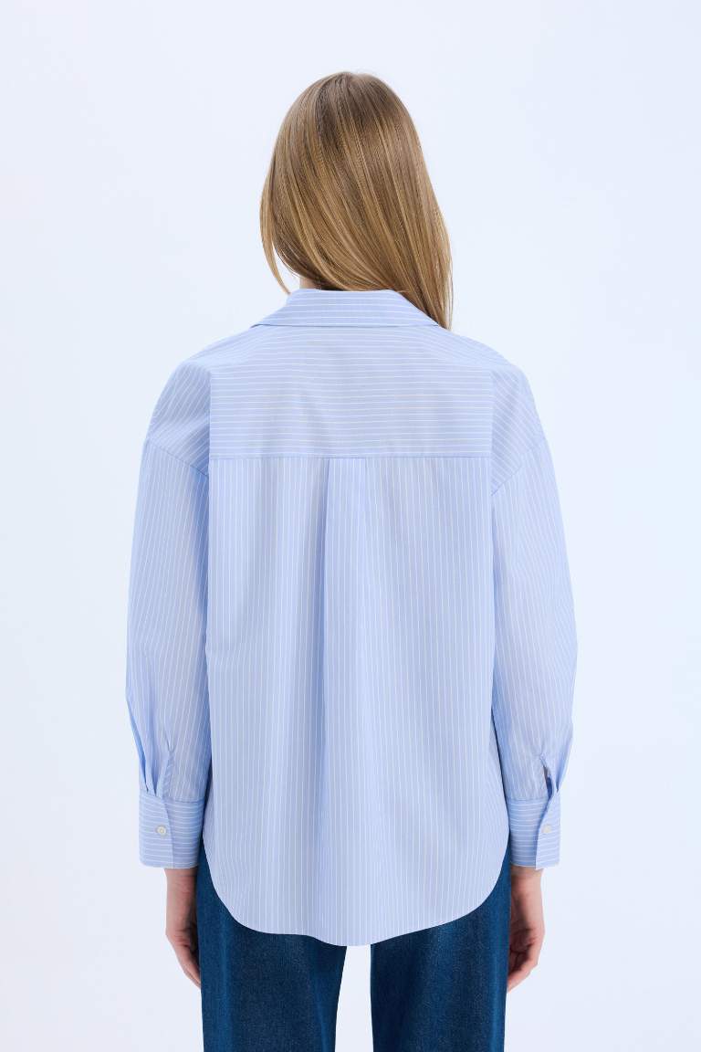 Oversize Fit Shirt Collar Poplin Striped Long Sleeve Shirt