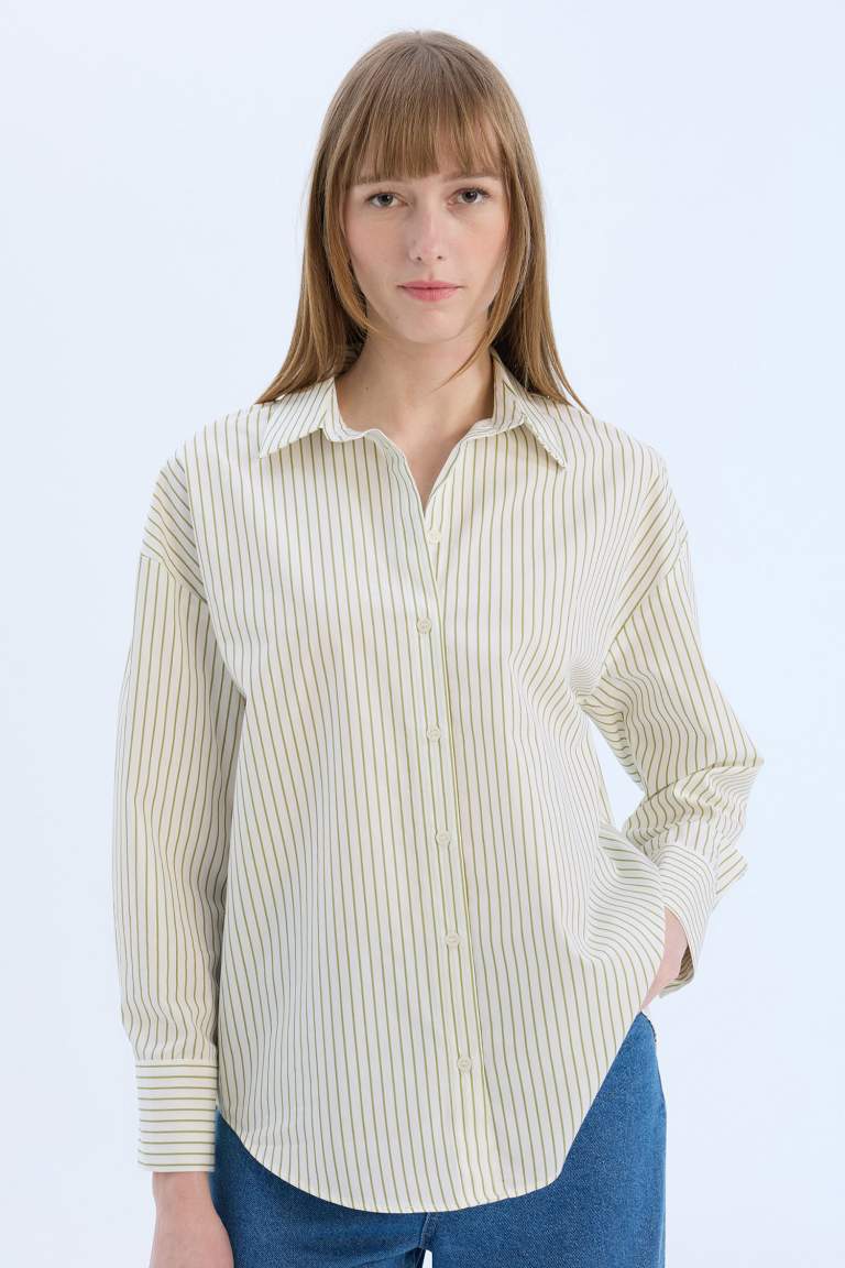 Oversize Fit Shirt Collar Poplin Striped Long Sleeve Shirt