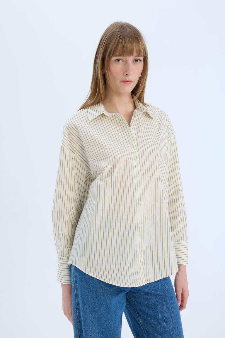 Oversize Fit Shirt Collar Poplin Striped Long Sleeve Shirt